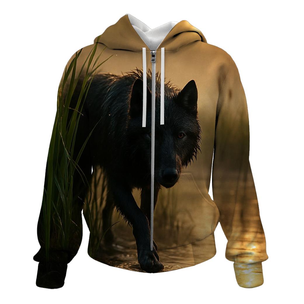 Wetland Wolf Emerging From Reed Bed embroidered hoodies