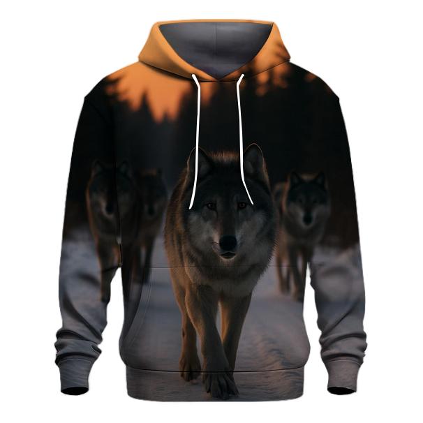 Wolf Pack Trotting Down Snowy Logging Road hoodie styles
