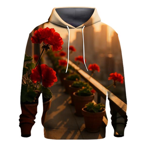 Urban Balcony Geraniums At Sunset printed hoodies
