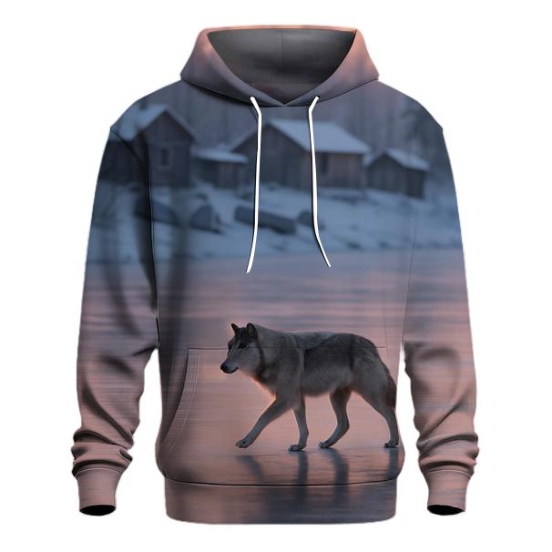 Wolf Crossing Frozen River Beside Indigenous Fishing Camp lightweight hoodies