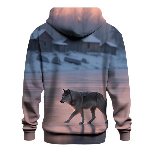 Wolf Crossing Frozen River Beside Indigenous Fishing Camp lightweight hoodies