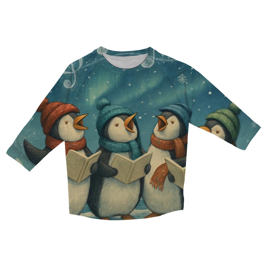 Penguin Carolers On Iceberg Stage printed three quarter sleeve shirts