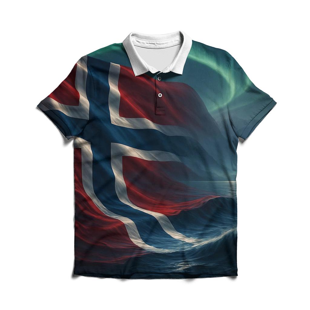 Aurora Over The Norwegian Flag Fjord branded logo polo shirts