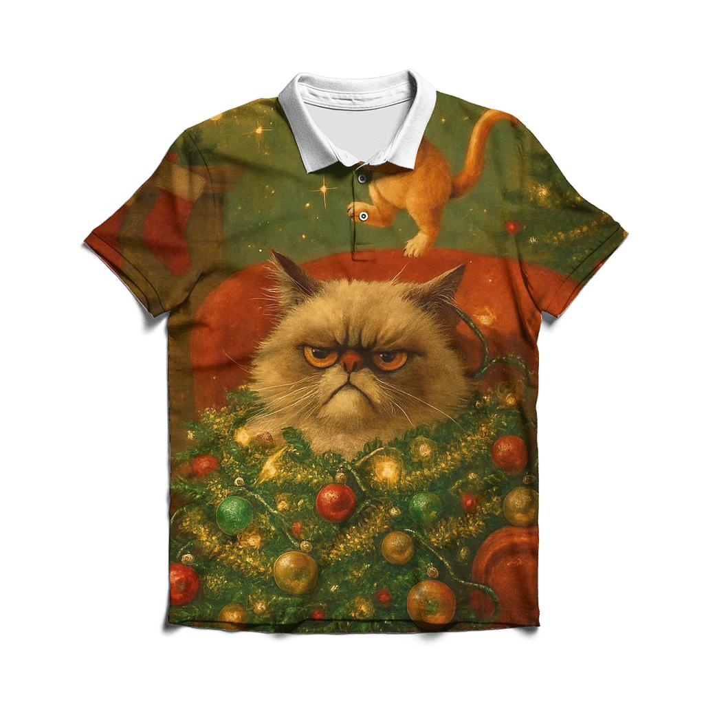 Grumpy Christmas Cat Under Tinsel Avalanche premium cotton polo shirts