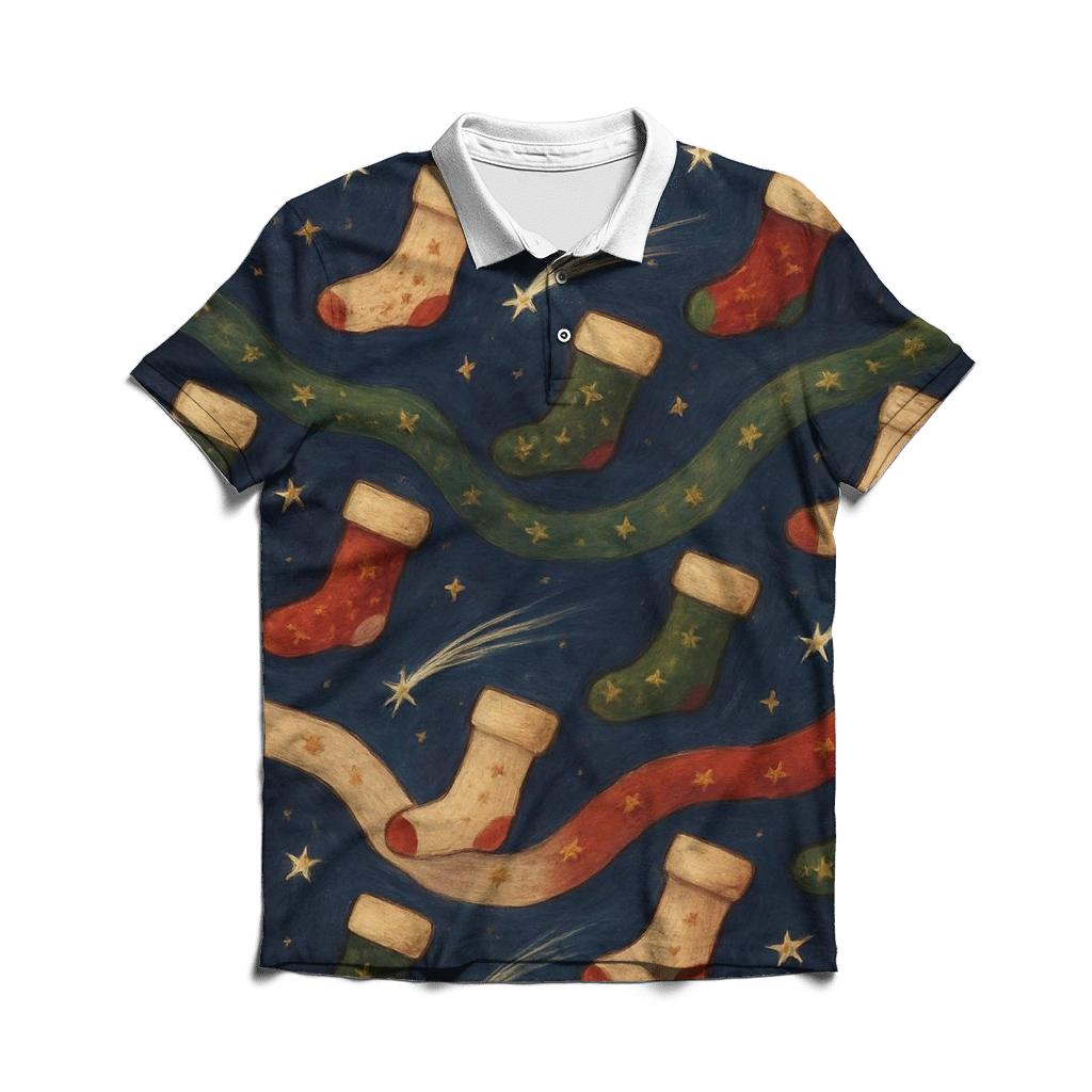 Starlit Christmas Stocking Wave On Deep Indigo premium cotton polo shirts