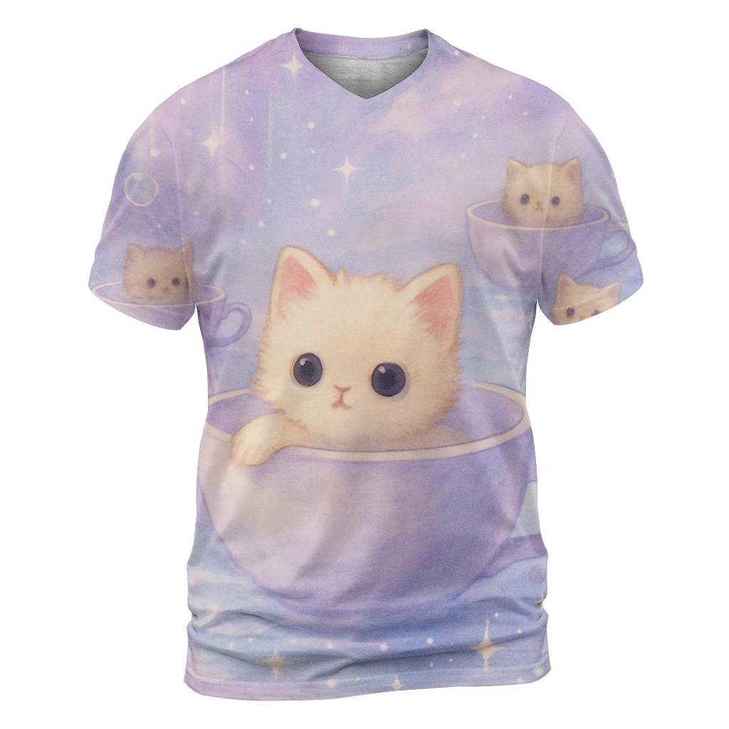 Starlit Teacup Cat Harbor vibrant all-over design tees
