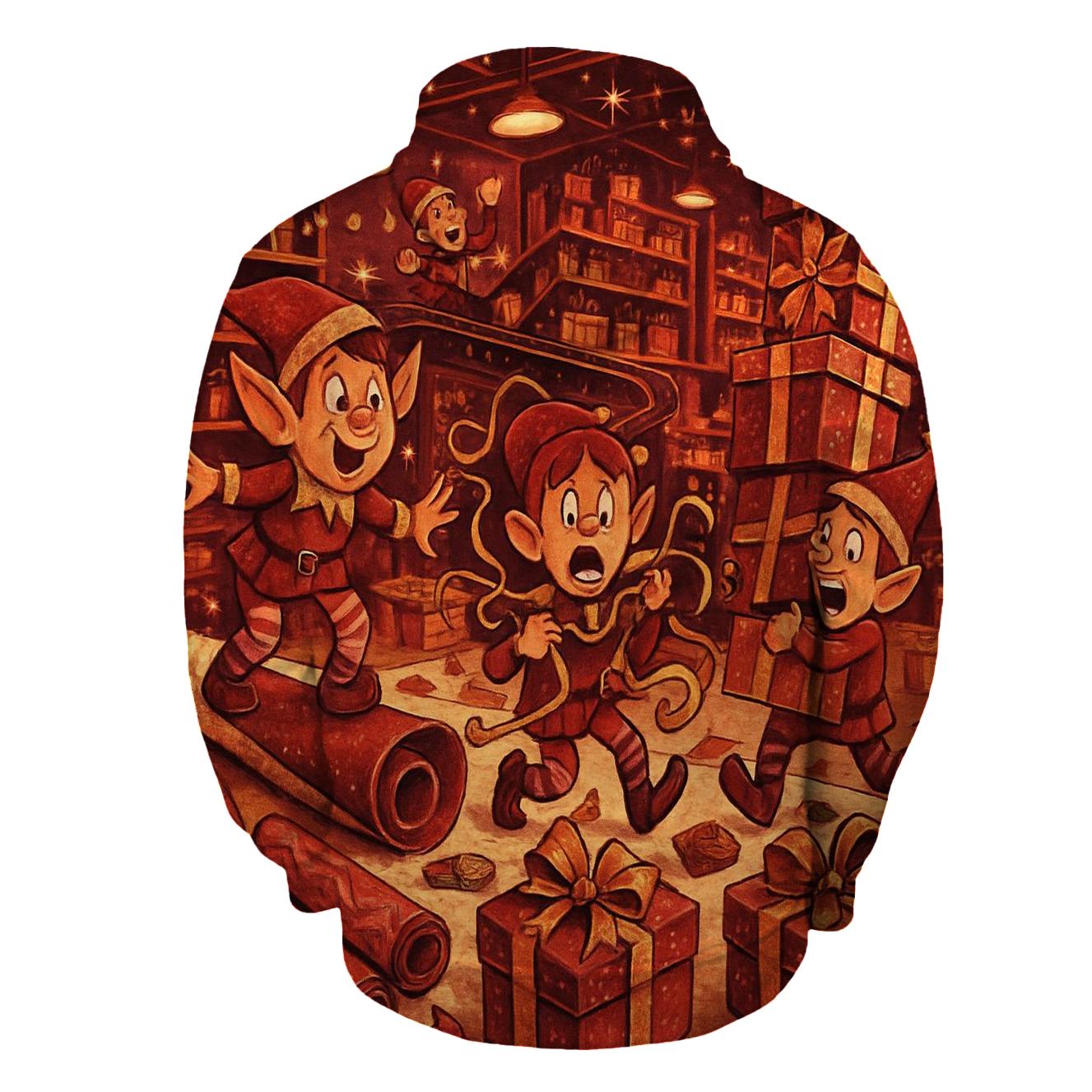Elves Wrapping Room Mayhem graphic hoodies