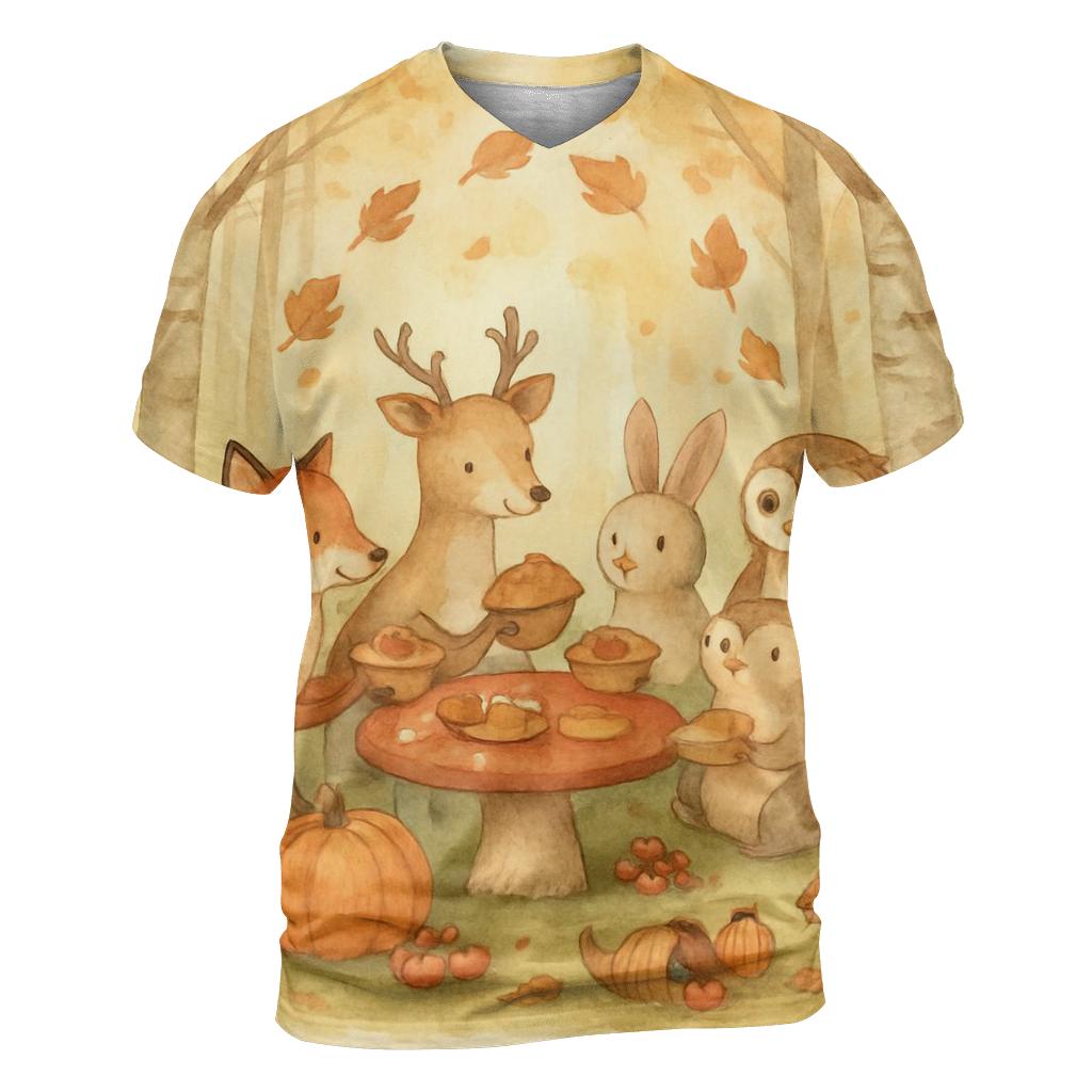 Woodland Friends Pumpkin Potluck vibrant all-over design tees