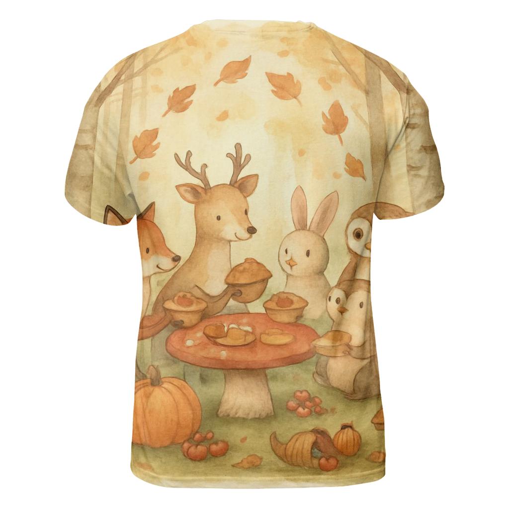 Woodland Friends Pumpkin Potluck vibrant all-over design tees