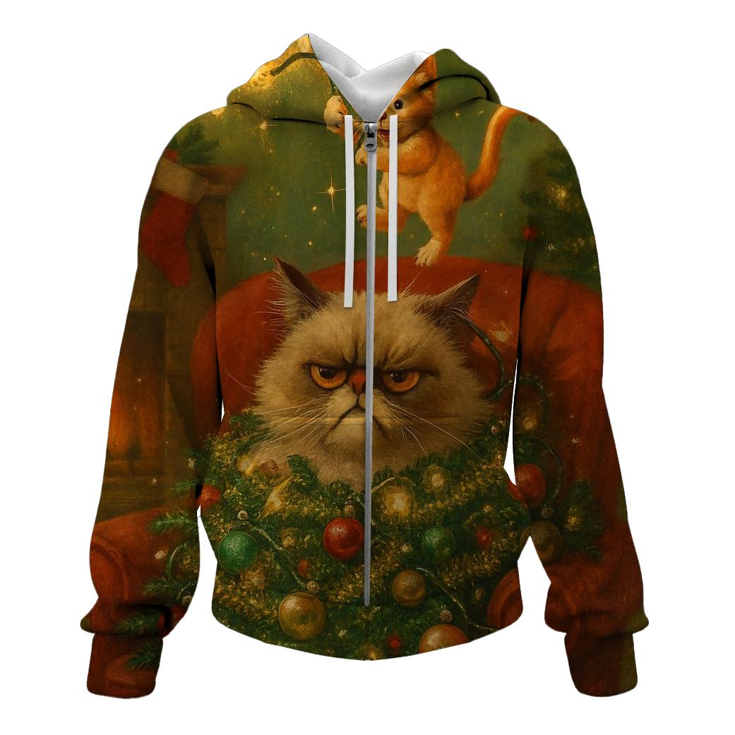 Grumpy Christmas Cat Under Tinsel Avalanche custom hoodies