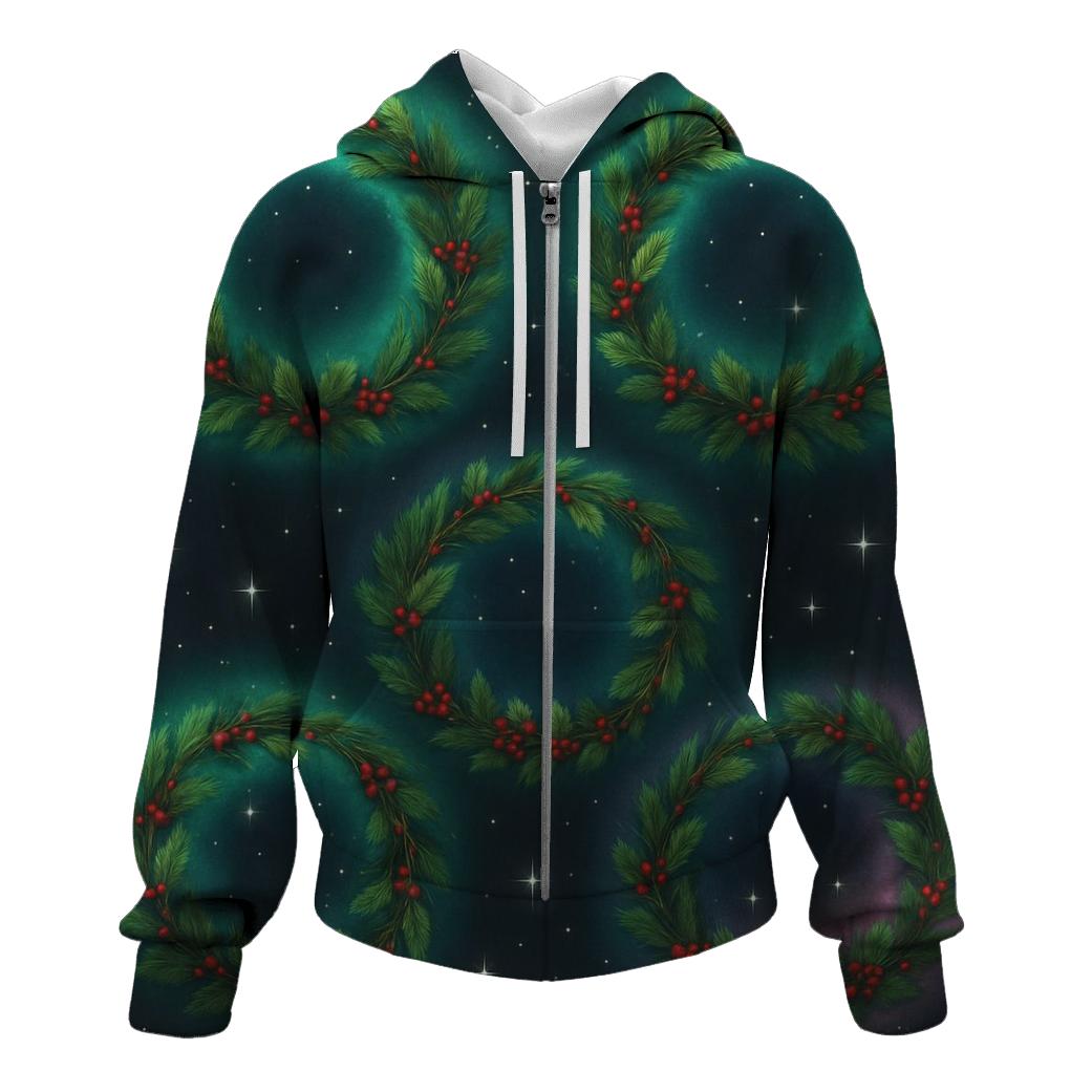 Aurora Halo Christmas Wreath Rings On Charcoal zip-up hoodies