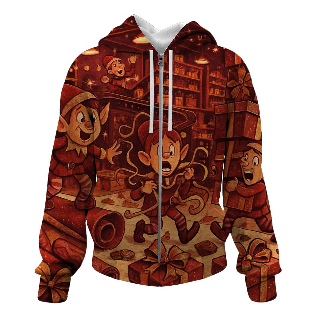 Elves Wrapping Room Mayhem graphic hoodies