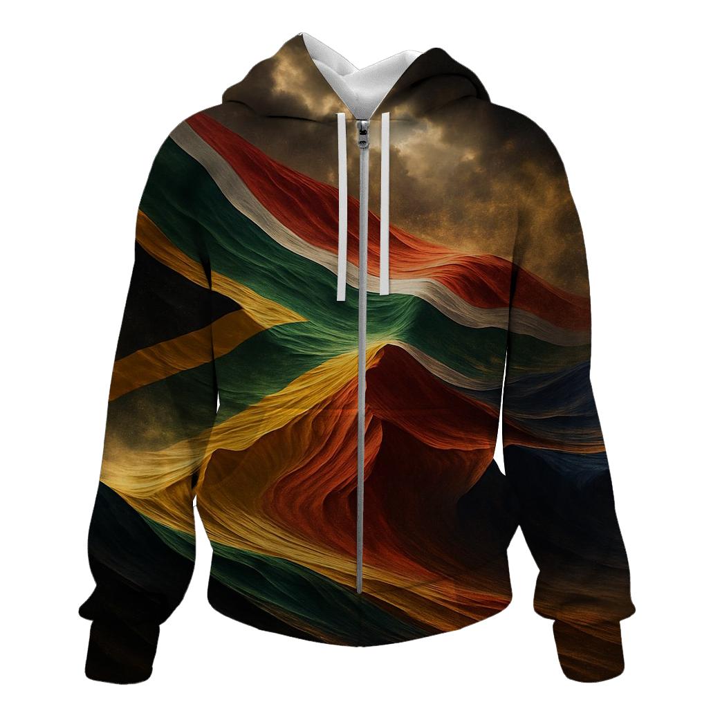 South African Flag Over Desert Storm Dunes premium hoodies