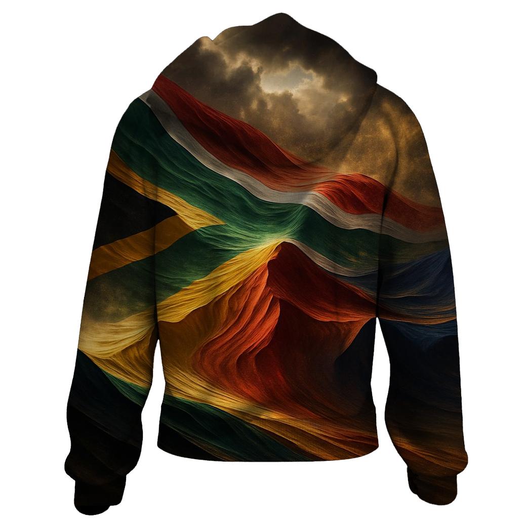 South African Flag Over Desert Storm Dunes premium hoodies