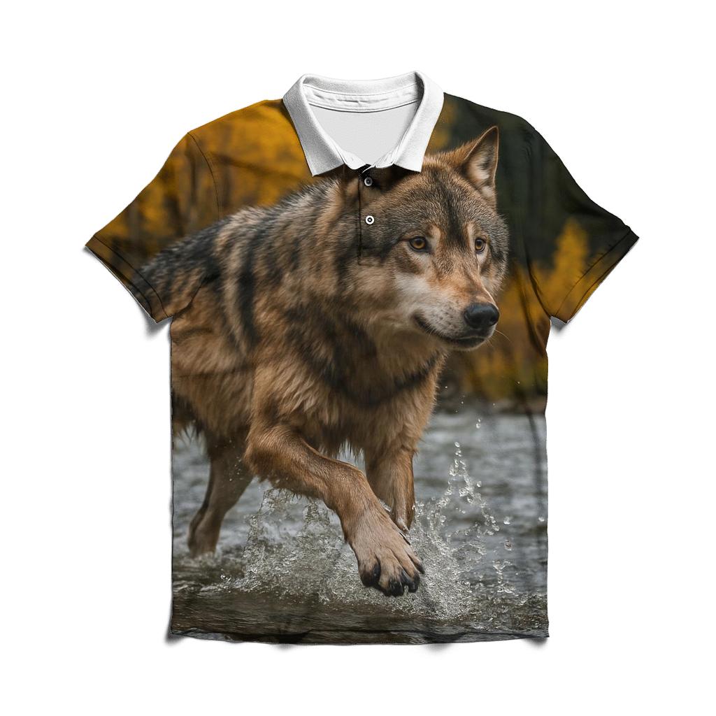 River Crossing Wolf In Autumn Flood classic pique polos