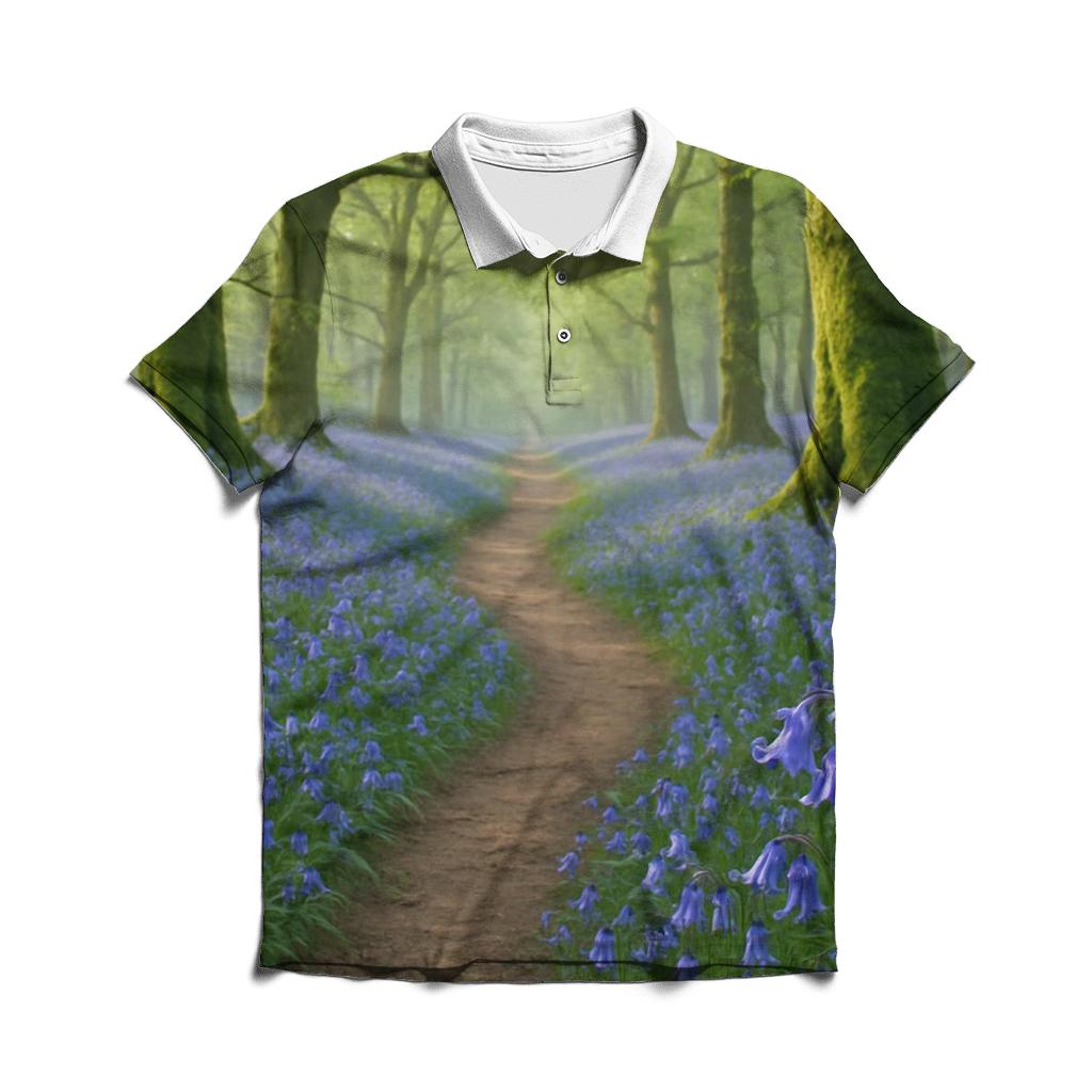 Bluebells On Ancient Woodland Path premium cotton polo shirts