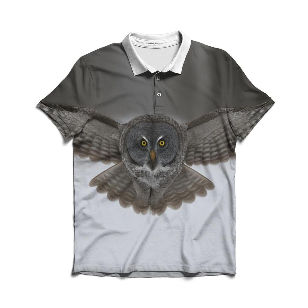 Great Gray Owl Over Snowfield embroidered polo tops
