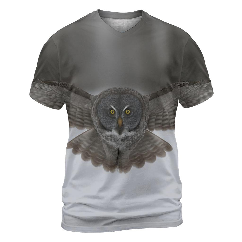 Great Gray Owl Over Snowfield vibrant all-over design tees