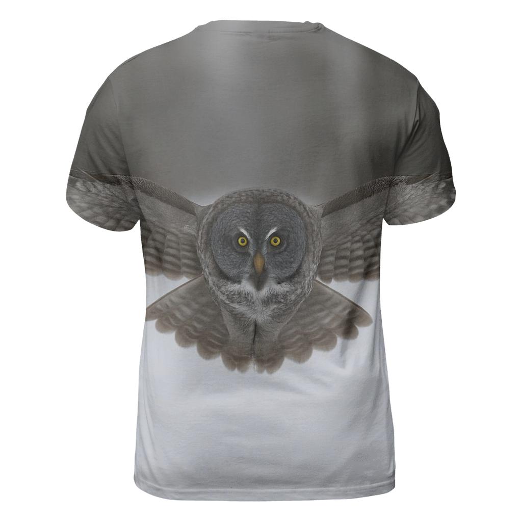 Great Gray Owl Over Snowfield vibrant all-over design tees
