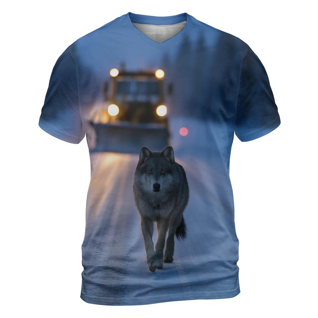 Snow Plow Wolf Following Winter Road vibrant all-over design tees