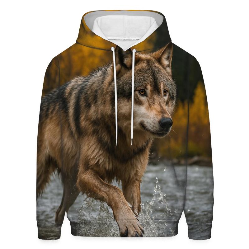 River Crossing Wolf In Autumn Flood custom hoodies