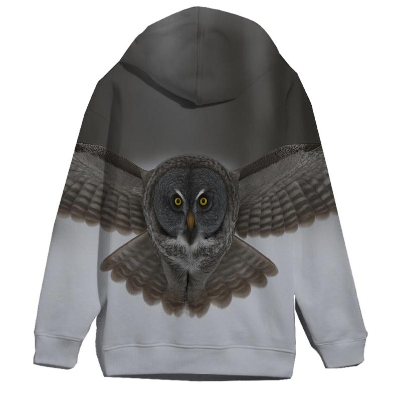 Great Gray Owl Over Snowfield graphic hoodies