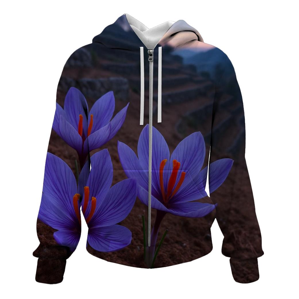 Saffron Crocus In Terraced Field Dawn embroidered hoodies
