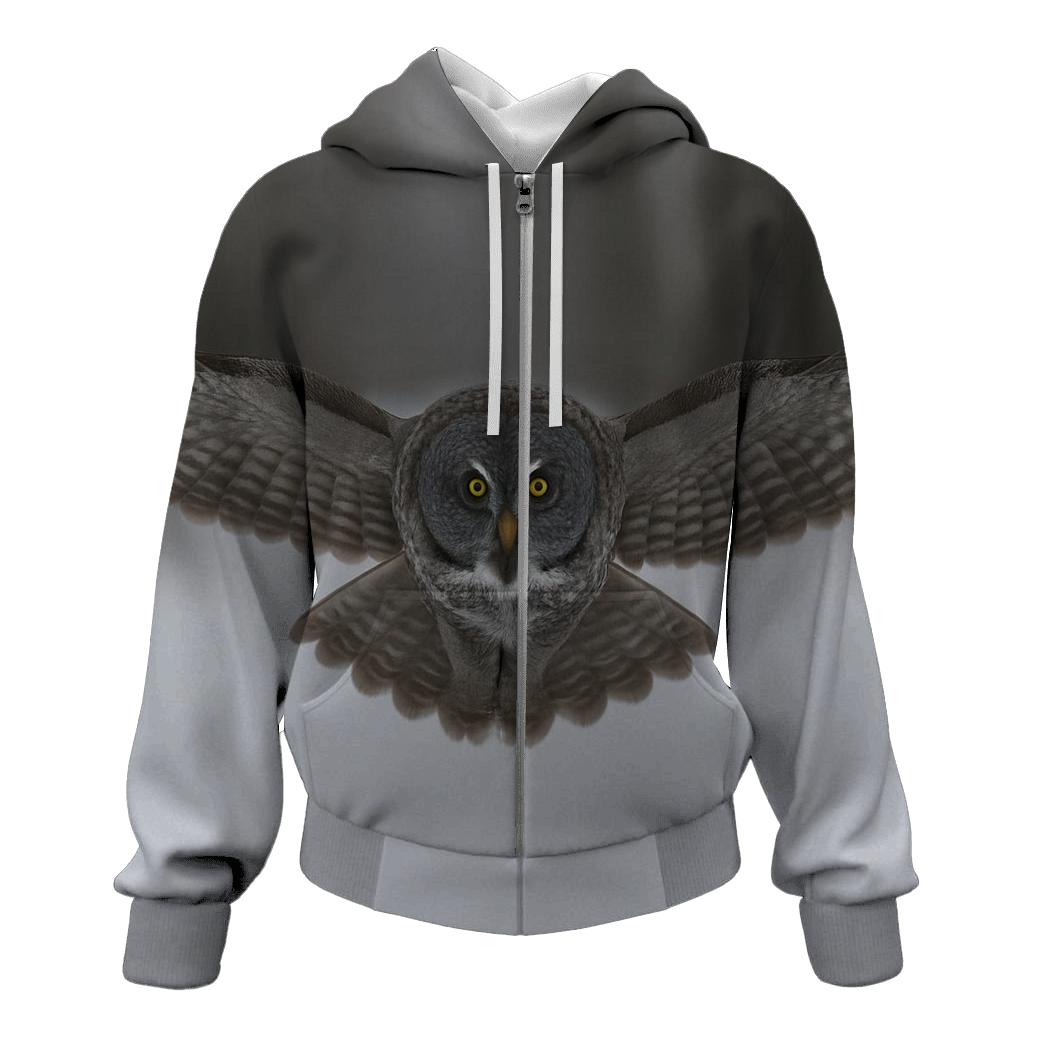 Great Gray Owl Over Snowfield zip-up hoodies