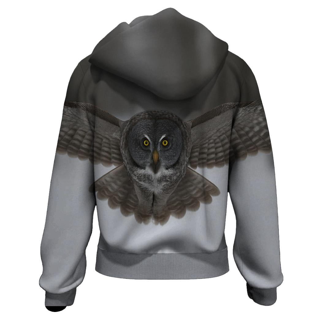 Great Gray Owl Over Snowfield zip-up hoodies