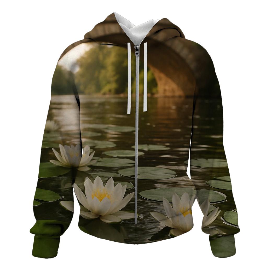 Water Lilies Beneath Old Stone Bridge embroidered hoodies