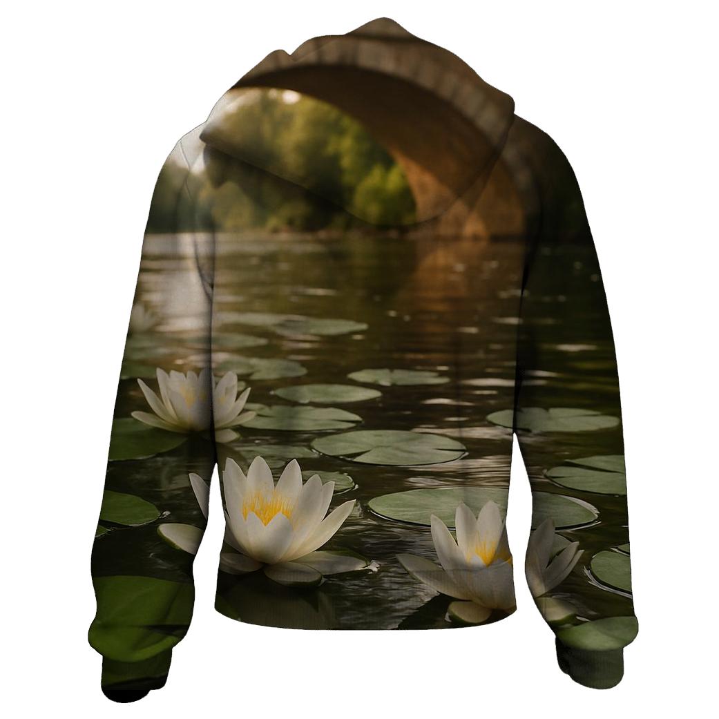 Water Lilies Beneath Old Stone Bridge embroidered hoodies