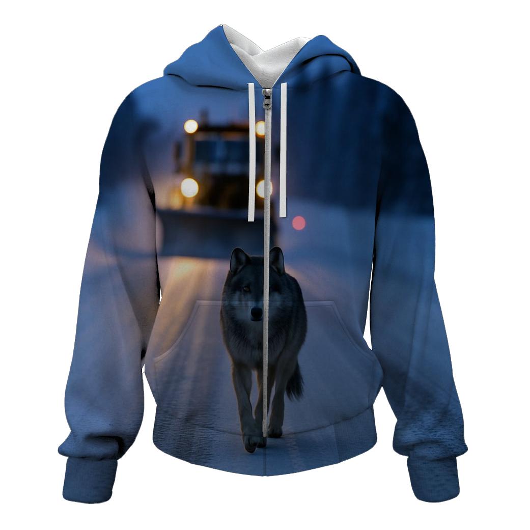 Snow Plow Wolf Following Winter Road designer hoodies