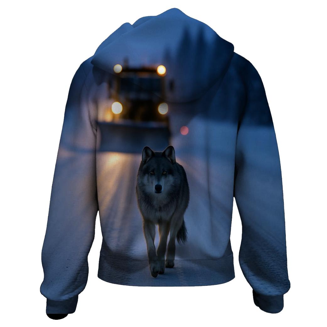 Snow Plow Wolf Following Winter Road designer hoodies