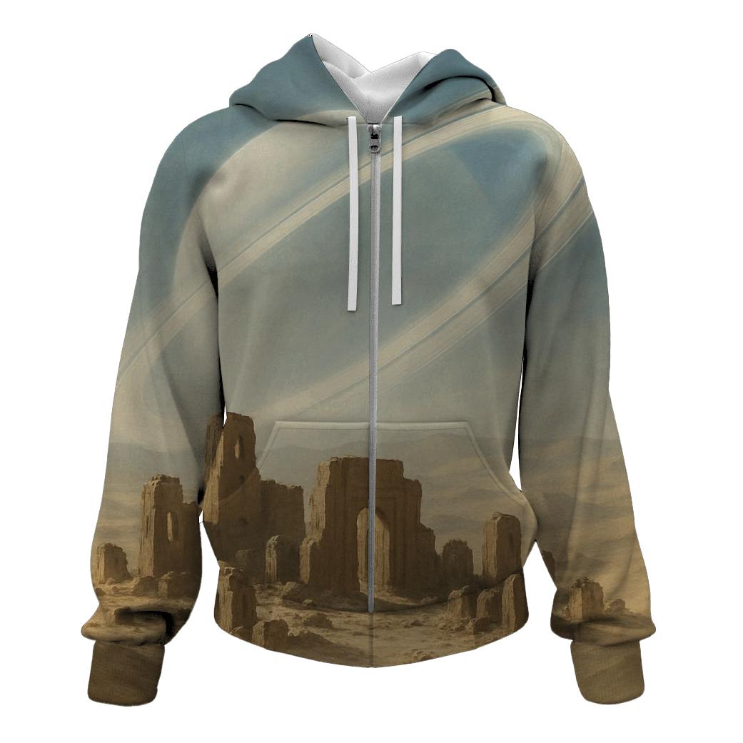 Halo Rings Over Desert Ruins graphic hoodies