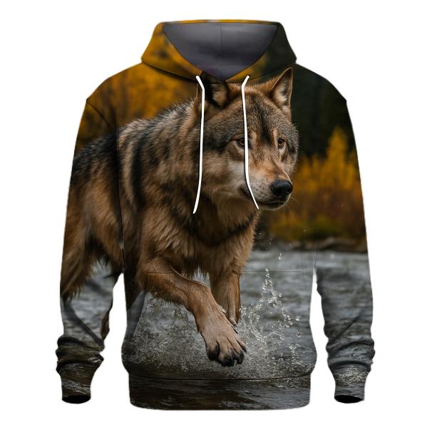 River Crossing Wolf In Autumn Flood embroidered hoodies