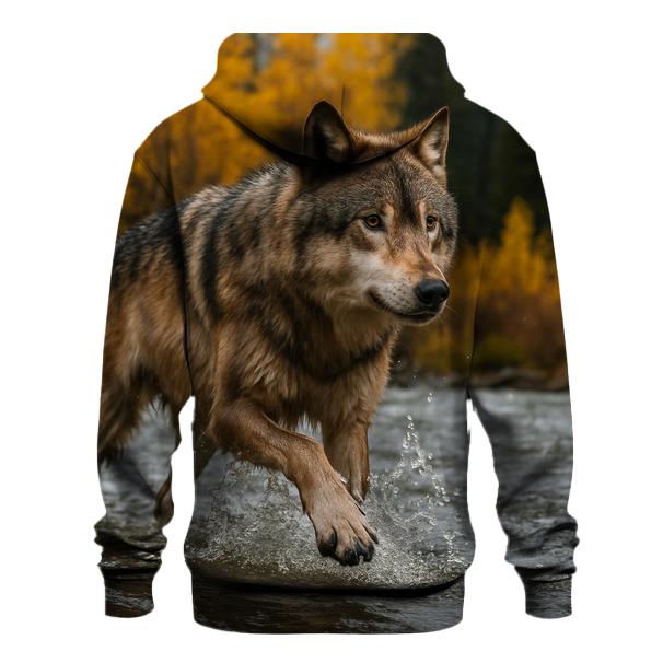 River Crossing Wolf In Autumn Flood embroidered hoodies