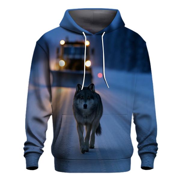 Snow Plow Wolf Following Winter Road graphic hoodies