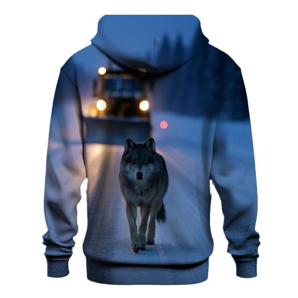 Snow Plow Wolf Following Winter Road graphic hoodies