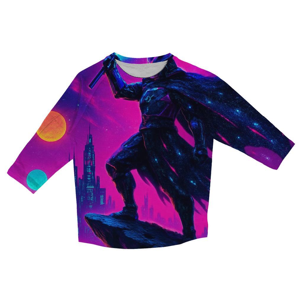 Astral Samurai Over Neon Worlds printed three quarter sleeve shirts