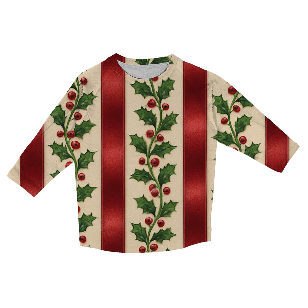 Holly Berry Ribbon Stripes On Cream printed three quarter sleeve shirts