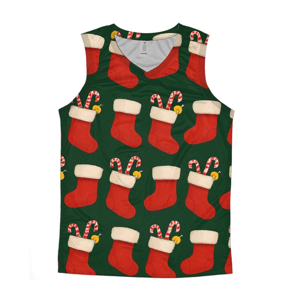 Red Stocking Garland Wave On Forest Green graphic print tank tops