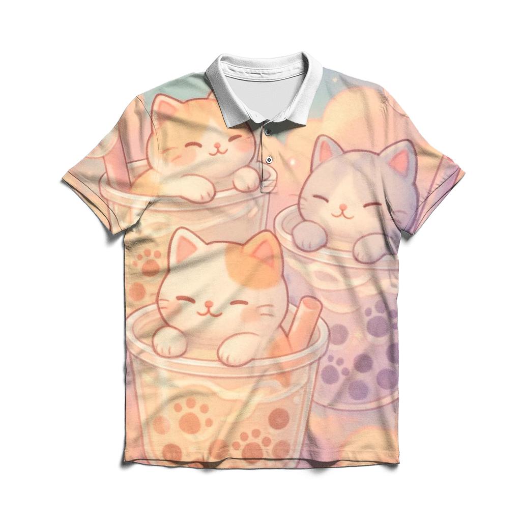 Pastel Dream Bubble Tea Cats embroidered polo tops
