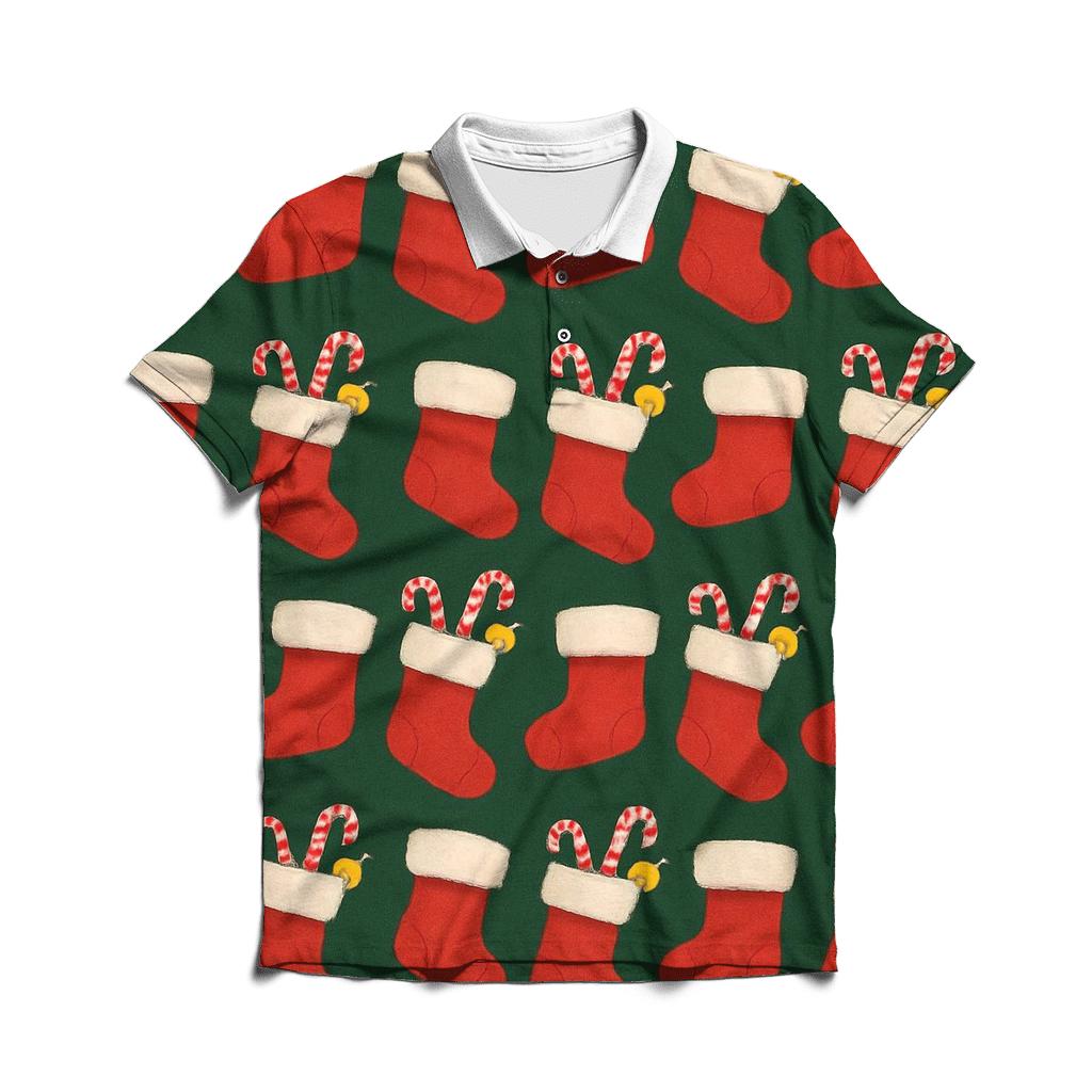 Red Stocking Garland Wave On Forest Green classic pique polos