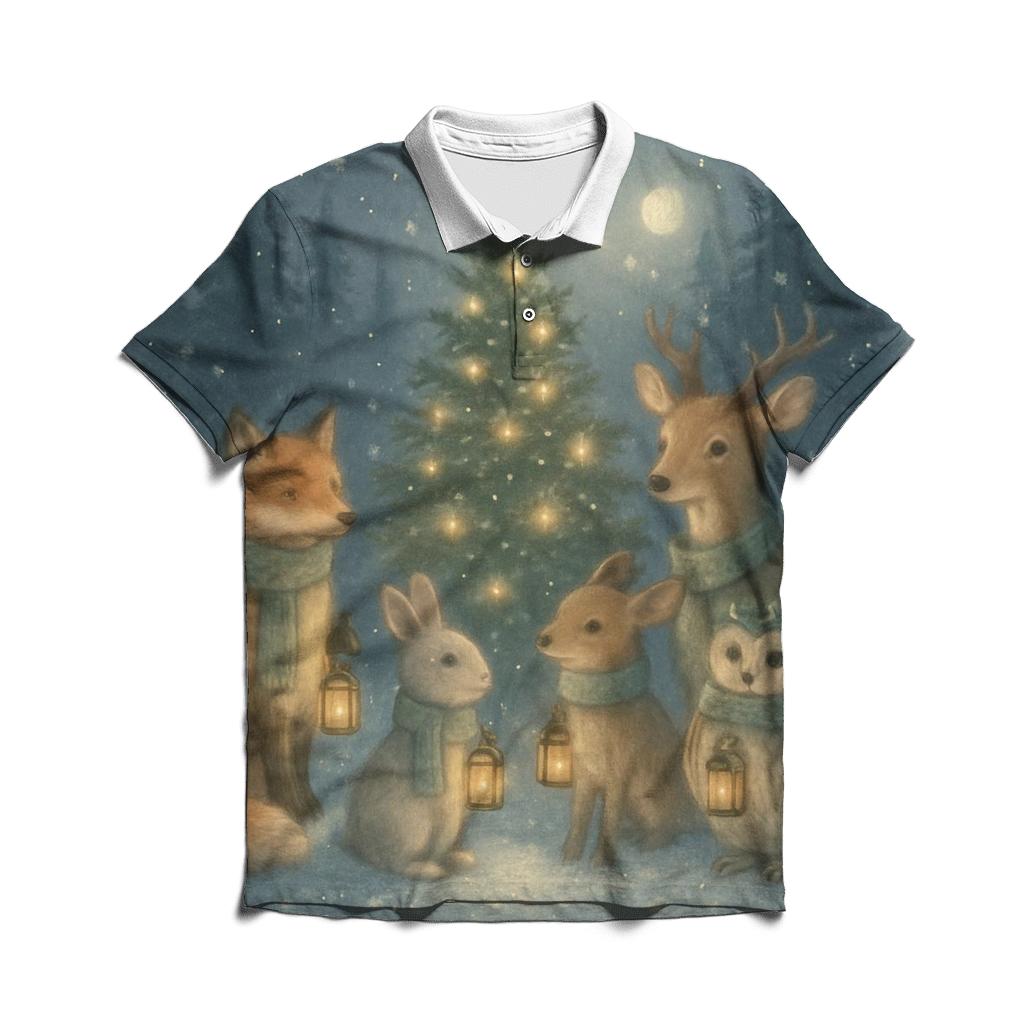 Forest Animals Lantern Caroling embroidered polo tops