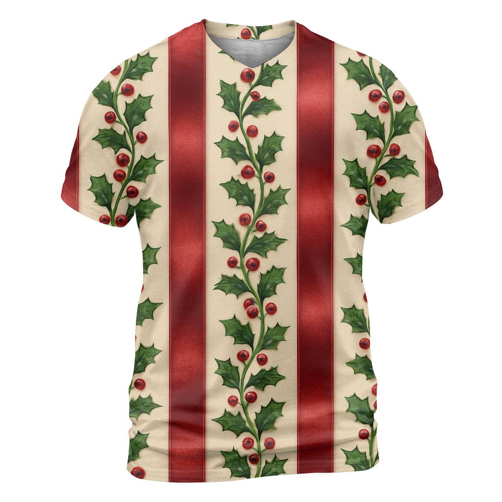 Holly Berry Ribbon Stripes On Cream personalized full print shirts