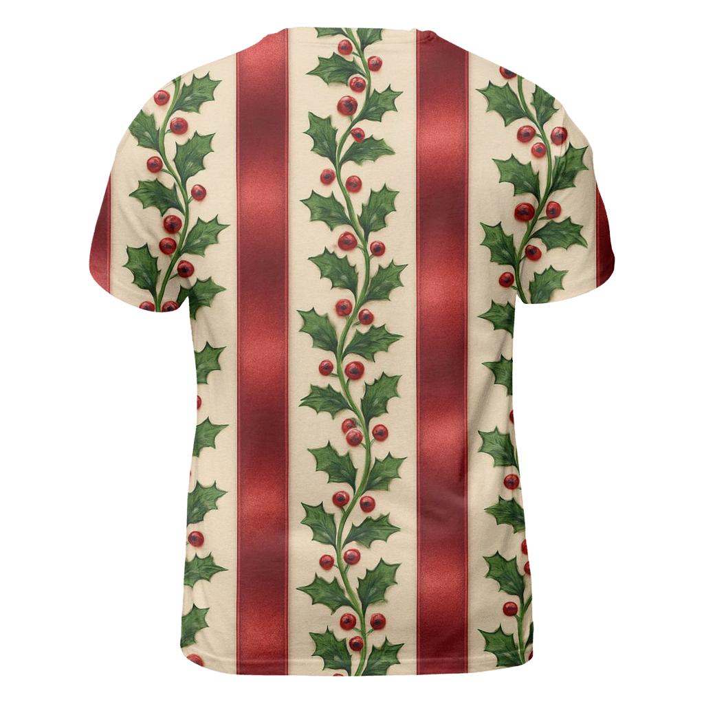 Holly Berry Ribbon Stripes On Cream personalized full print shirts