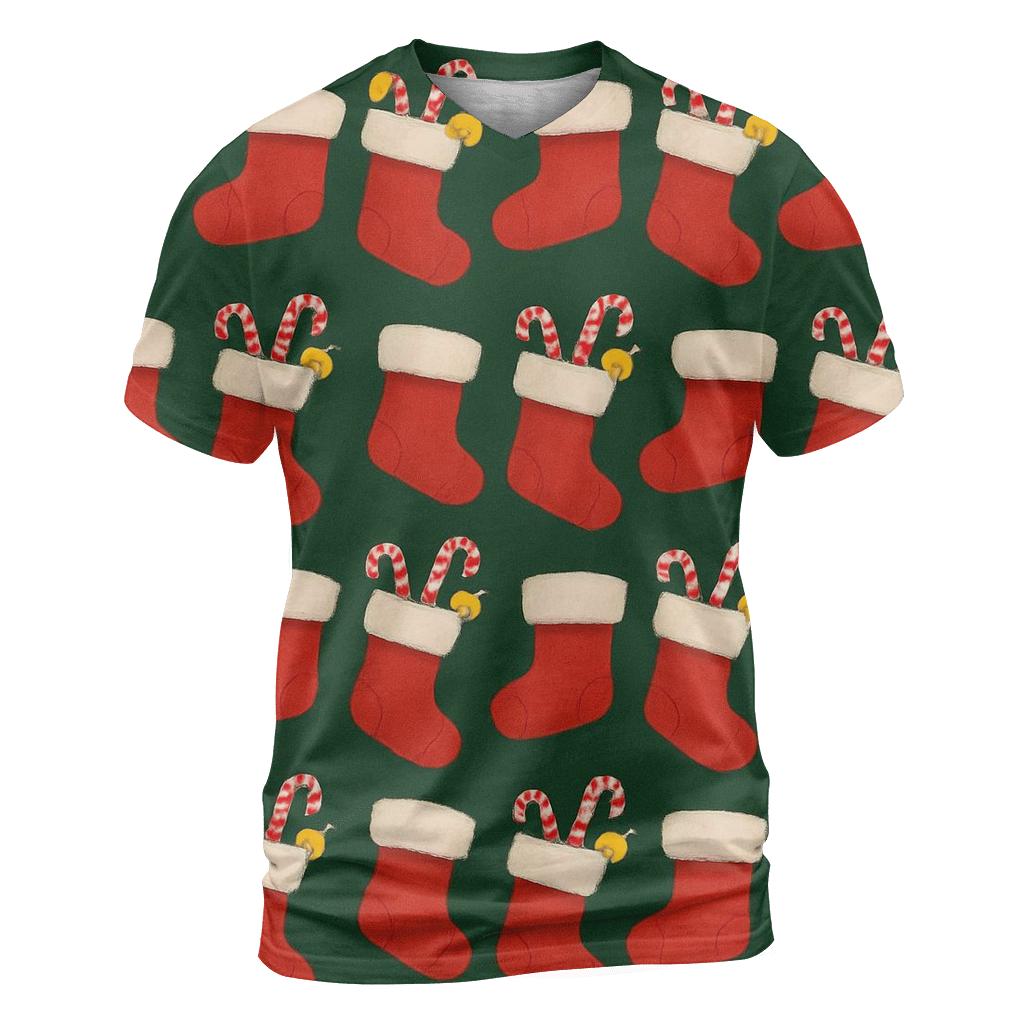 Red Stocking Garland Wave On Forest Green designer pattern shirts