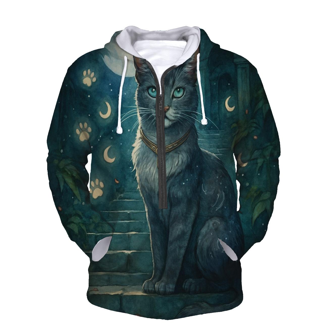 Moonlit Temple Guardian Cat embroidered hoodies