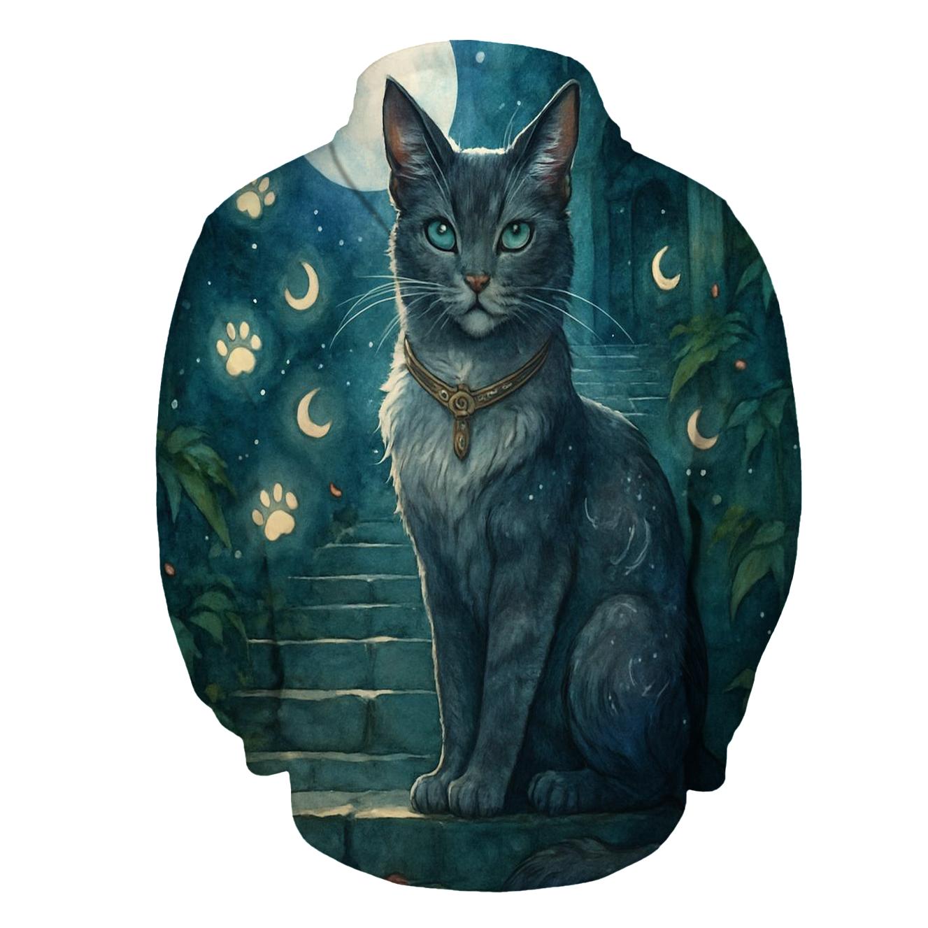 Moonlit Temple Guardian Cat embroidered hoodies