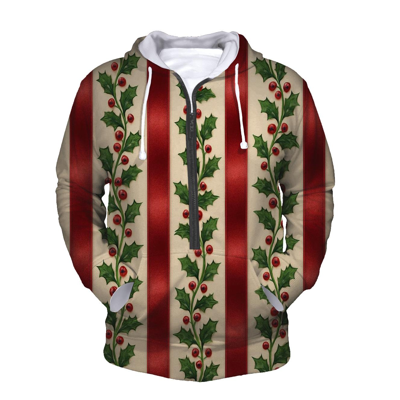 Holly Berry Ribbon Stripes On Cream lightweight hoodies